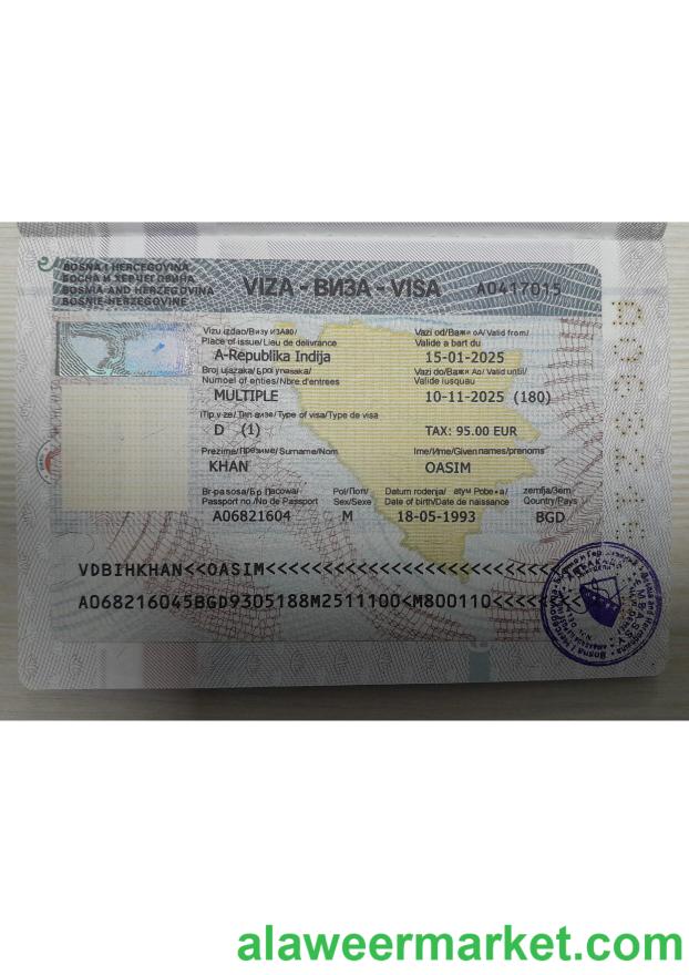 Bosnia and Herzegovina travel visa with passport page